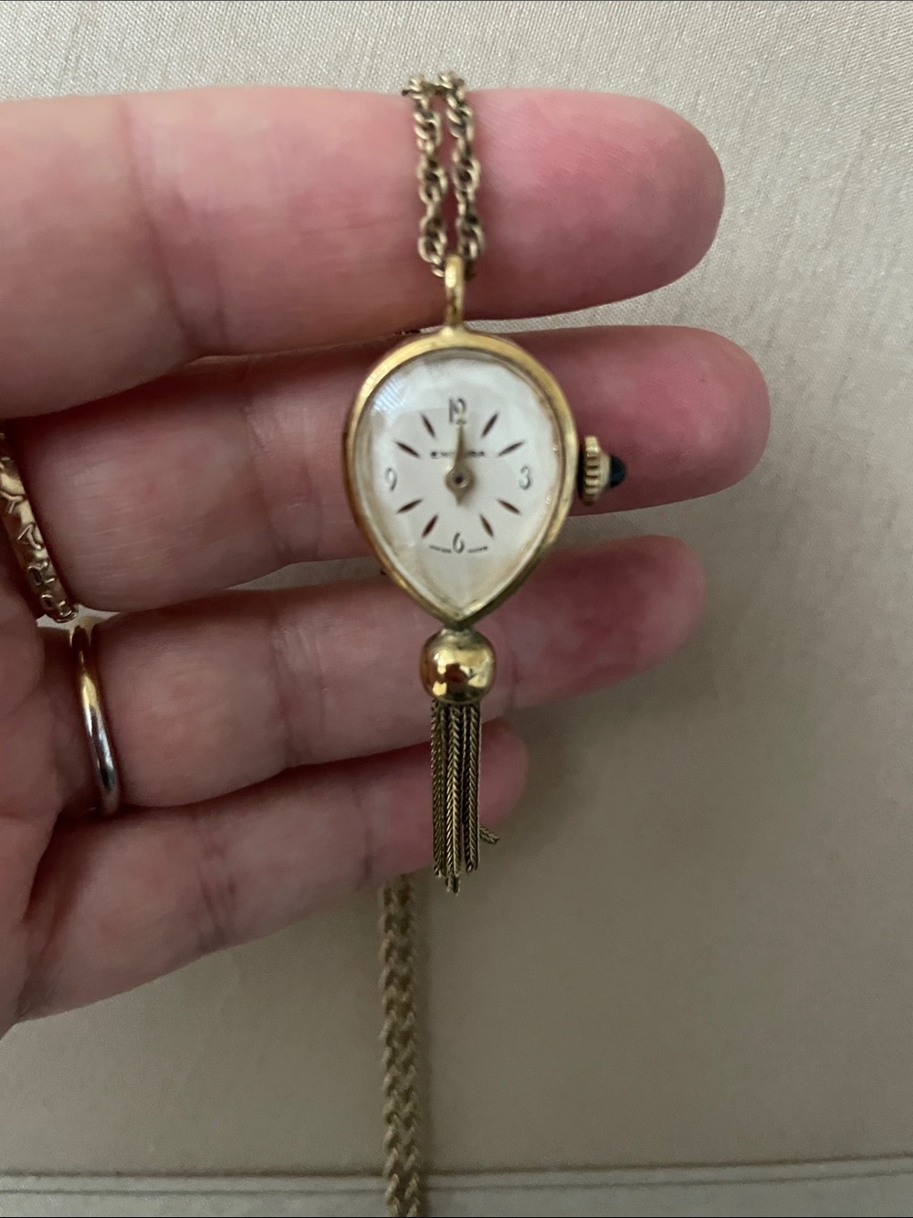 ENDURA Vintage Gold Teardrop Pendant Watch Necklace - White Dial